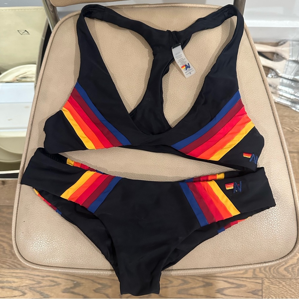 Aviator Nation 5 Stripe Bikini Set Racerback Top S & Cheeky Bottom XS